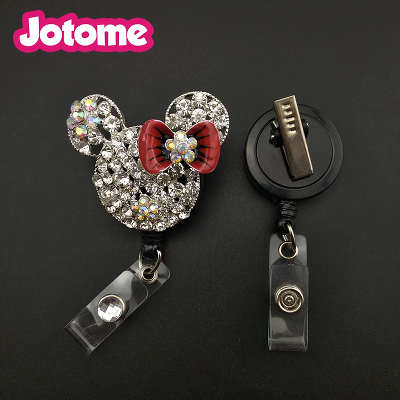 Söt tecknad filmstrass Crystal Mouse Head Dractable ID Badge Reel Holder With Alligator Clip for Nurse Student Staff