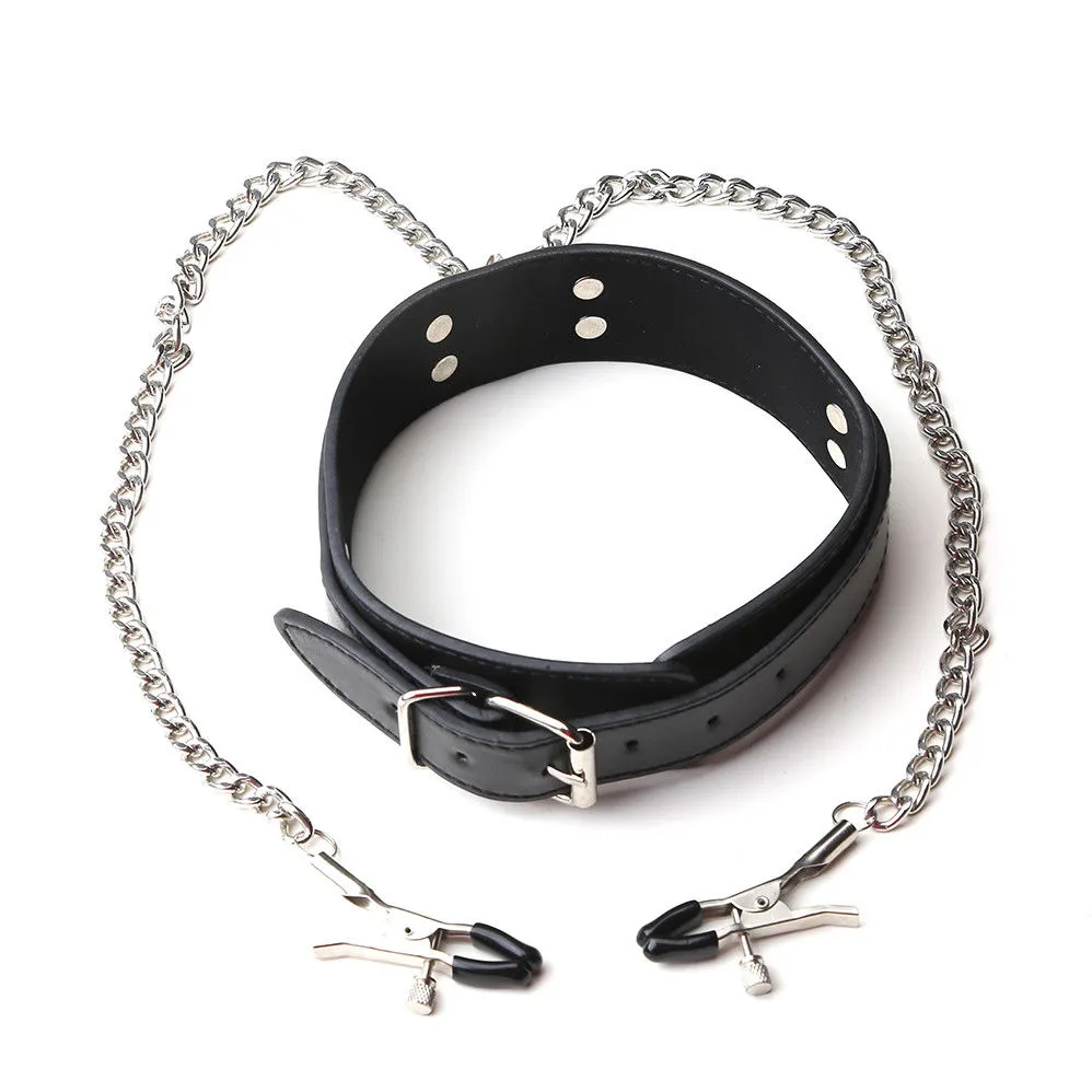 Bondage Black Restraint Slave Costume Leather Neck Collarmetal Chain Clip Shack Kit #R87