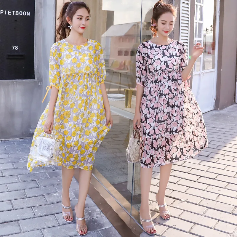 Petite fleur imprimé en mousseline de soie robe de maternité été vêtements de mode coréenne pour les femmes enceintes Floral vêtements de grossesse