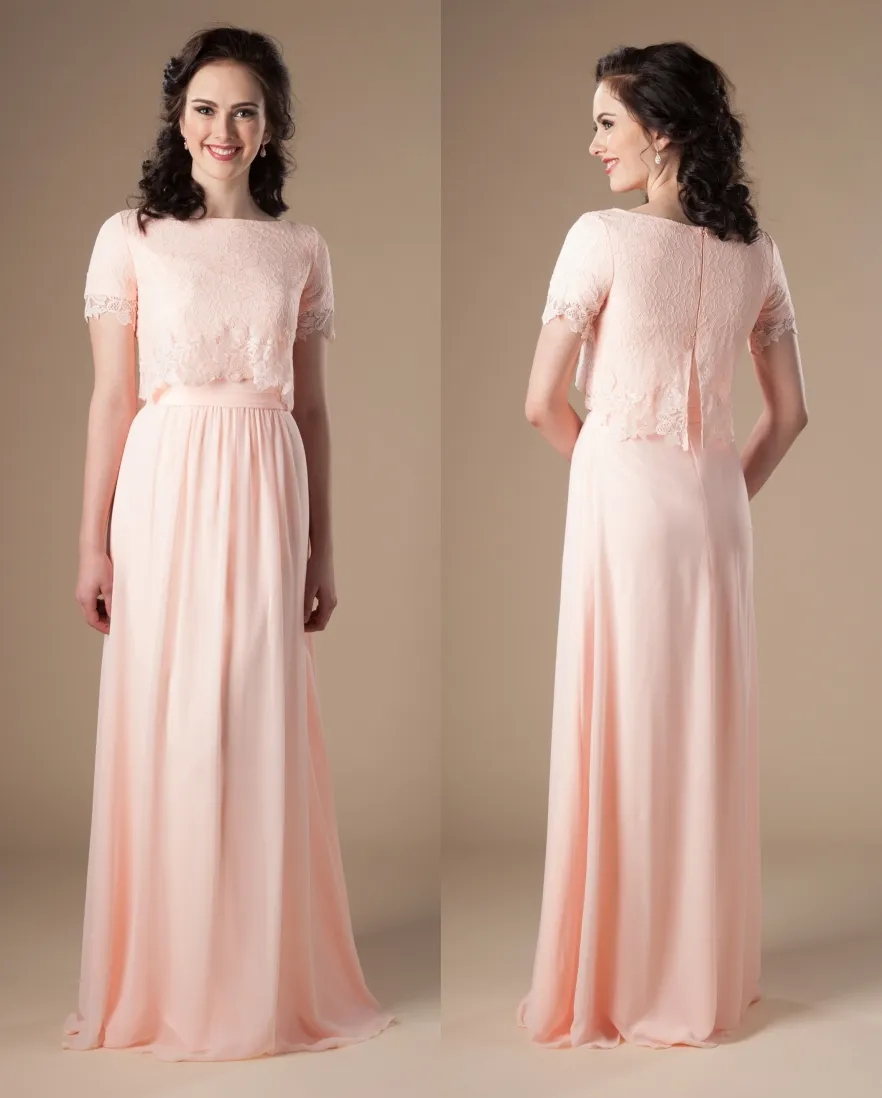 Tanzinite Long Modest Bridesmaid Dresses With Cap Sleeves Lace Top
