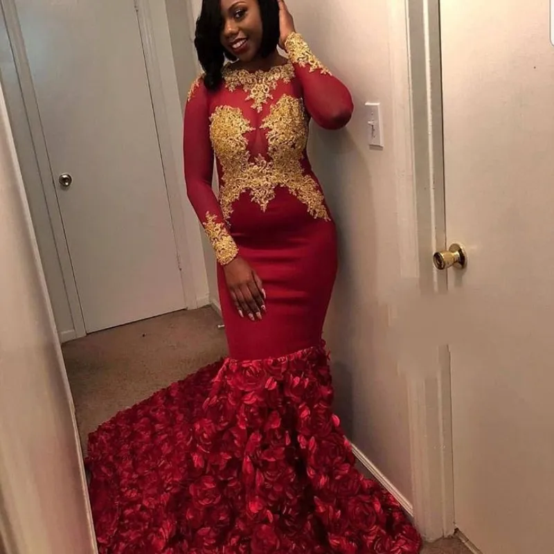 Africano Vermelho Sereia Vestidos de Baile de Ouro Apliques de Renda Jóia Pescoço Sheer Mangas Compridas Partido Prom Vestido 2018 Sexy À Moda Vestidos de Noite de Cetim