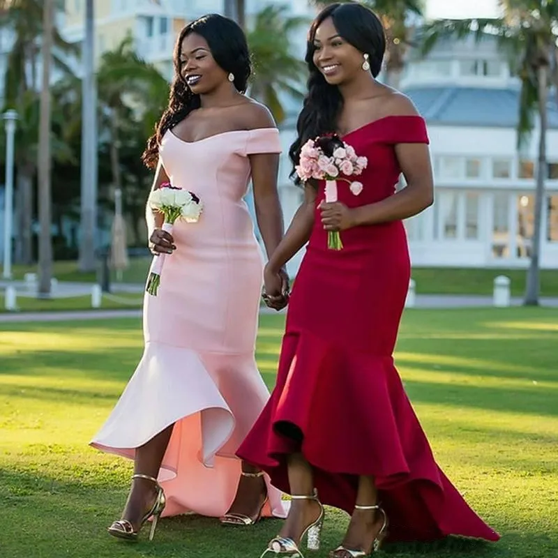 Off The Shoulder Sereia Vestidos De Dama De Cetim Custom Made Vermelho Escuro Rosa Africano Dama De Honra Do Convidado Do Casamento Vestidos Zipper Up