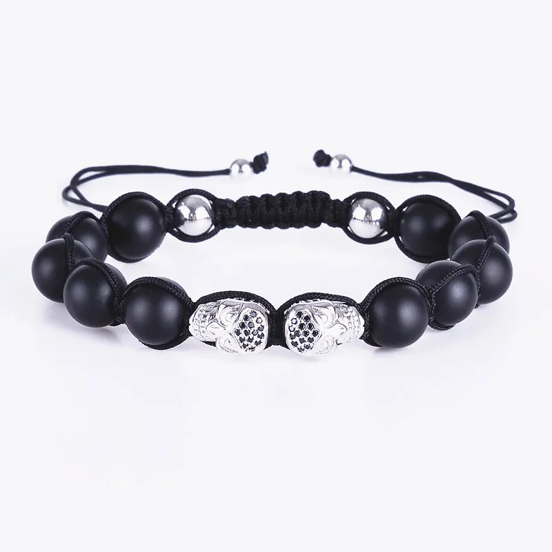 Braceletsbangle Men Bracelet Black Matte Stone kralen Bracelet Dubbele skeletschedels Skull Micro Pave CZ Punk Rock Jewelry9278274