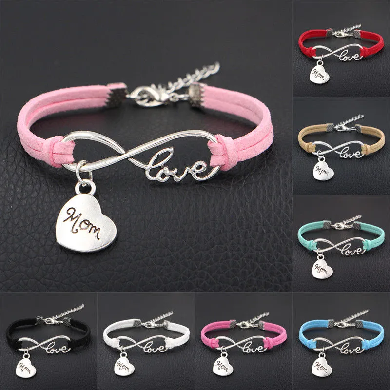 10 stks / partij Infinity Love 8 Armband Familie Moeder Moeder Charm Hart Hanger Dames / Mannen Eenvoudige Gemengde Armbanden / Armbanden Sieraden Gift A9