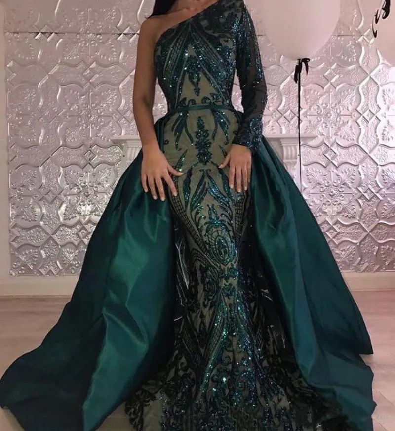 2019 New Luxury Dark Green Evening Dresses One Shoulder Zuhair Murad Dresses Mermaid Sequined Prom Gown With Detachable Train Custom Made