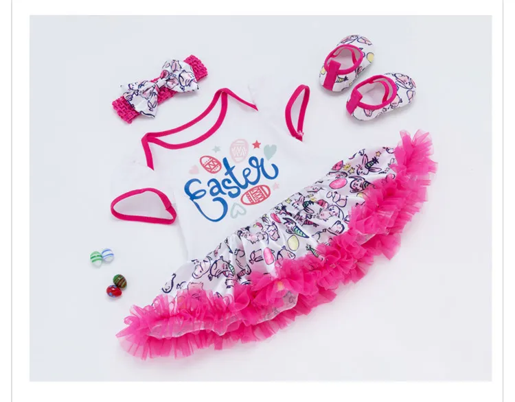 2018 Meninas Tutu Vestido De Easter Impresso Coelho Bebê Lace Ruffle Romper Vestidos + Sapatos + Headband Conjuntos de Roupas Roupas de Festa Infantil