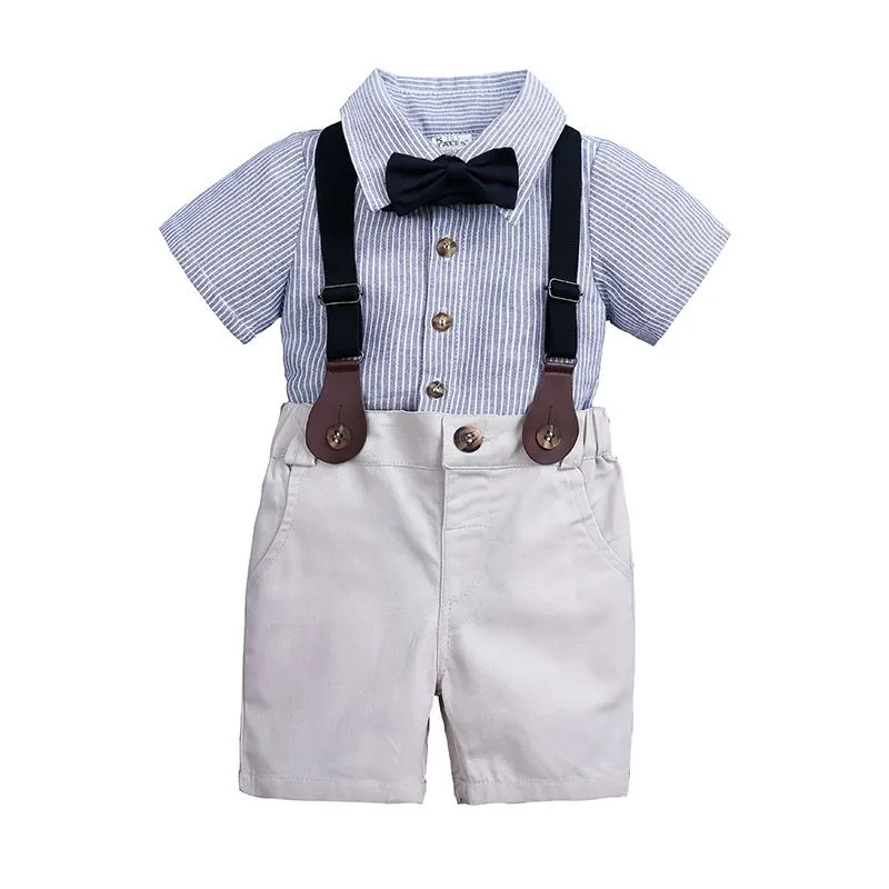 夏の乳児の赤ちゃん男の子紳士服セット子供蝶ネクタイストライプシャツ+サスペンダーショーツ2ピース衣装子供男の子服スーツ14178