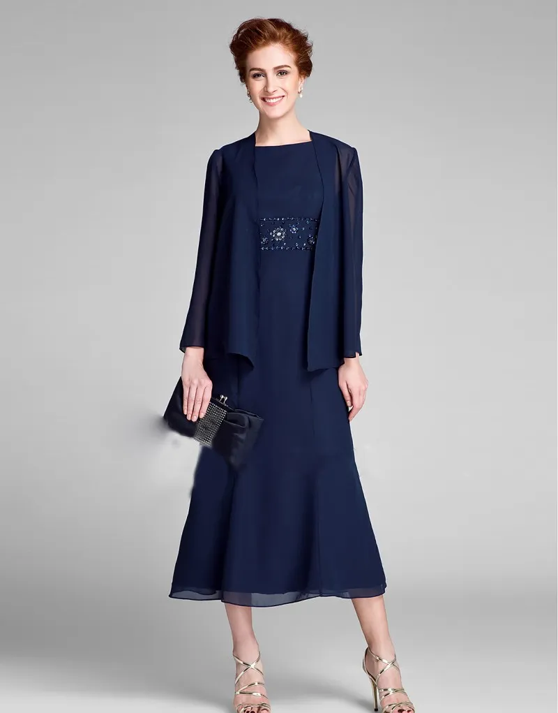 Navy Blue Beaded Chiffon Mother Of Bride Pantsuits With Jacket Long Sleeve Prom Gown For Plus Size Mothers From Dressvip 91.71 DHgate.Com