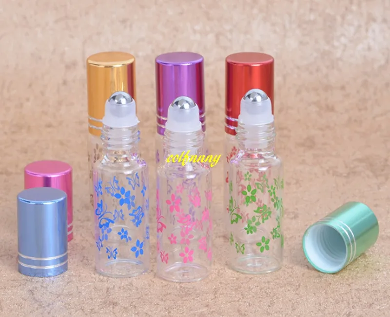 200PC / LOT FAST SPACK 5ML Butterfly Printing Glass Essential Oil Roller Bottles 5cc Roll på parfymflaska 5 färger