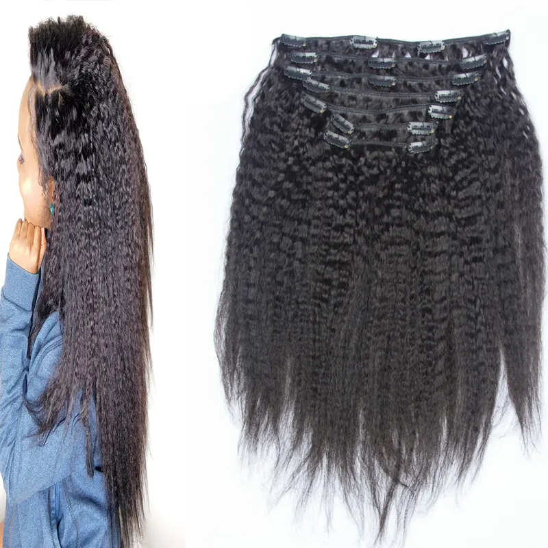 Grossier Yaki Kinky Clip Droit Dans Les Extensions De Cheveux Humains Brésilien Remy Cheveux Lumière Noire Naturelle Yaki Pince À Cheveux Ins 7 Pièces Et 120g / Set