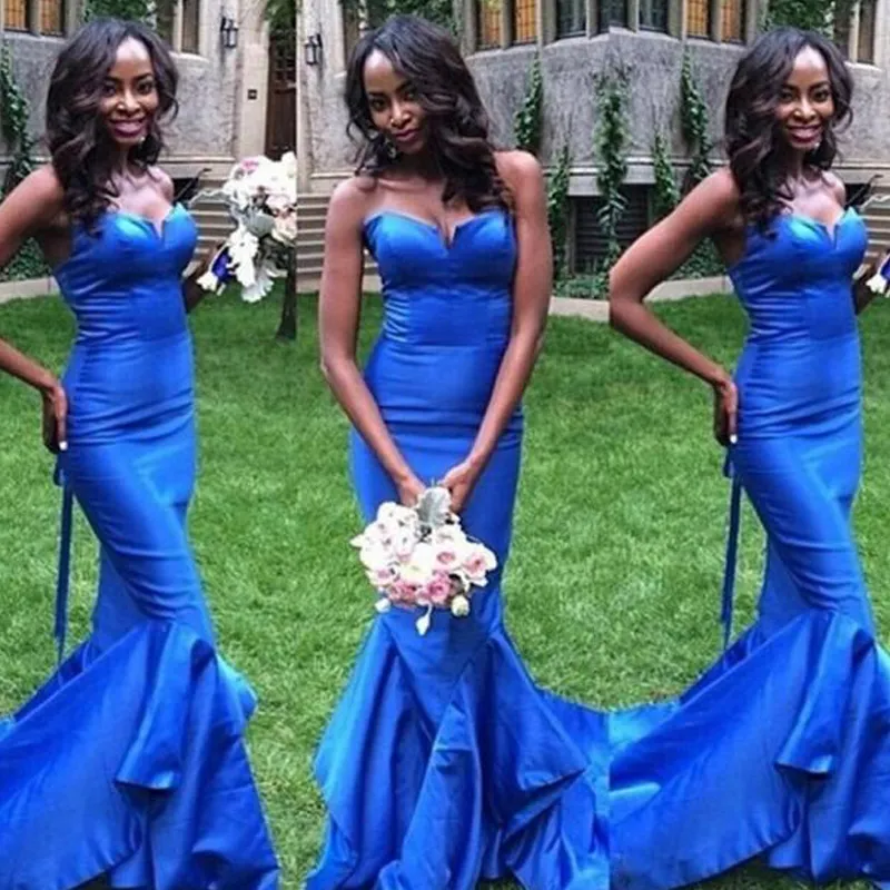 Elegante Equipado Longo Vestidos de Baile Azul Royal Querida Ruffles Sem Mangas Hem Festa À Noite Vestidos Formais Desgaste Africano Menina Árabe Desgaste