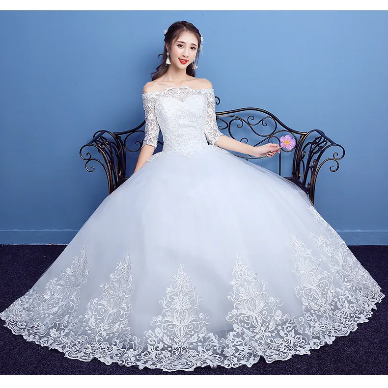 Корейский кружевной половина рукава лодка шеи свадебные платья 2018 новая мода элегантная принцесса аппликации платье для платья принцессы