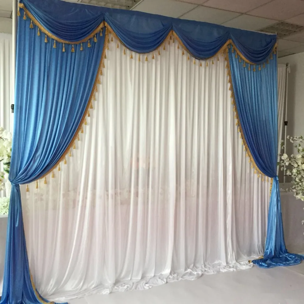 Hot Sale Blue & White Ice Silk 3mx3m Swags Drapes With Tassels For Wedding Backdrop Wedding Curtain