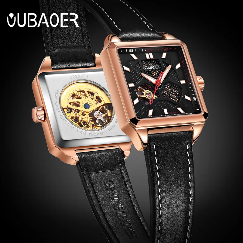 Oubaoer Top merk heren sport automatische horloge mannen unieke lichtgevende lederen mechanische horloge man gouden klok mannetje