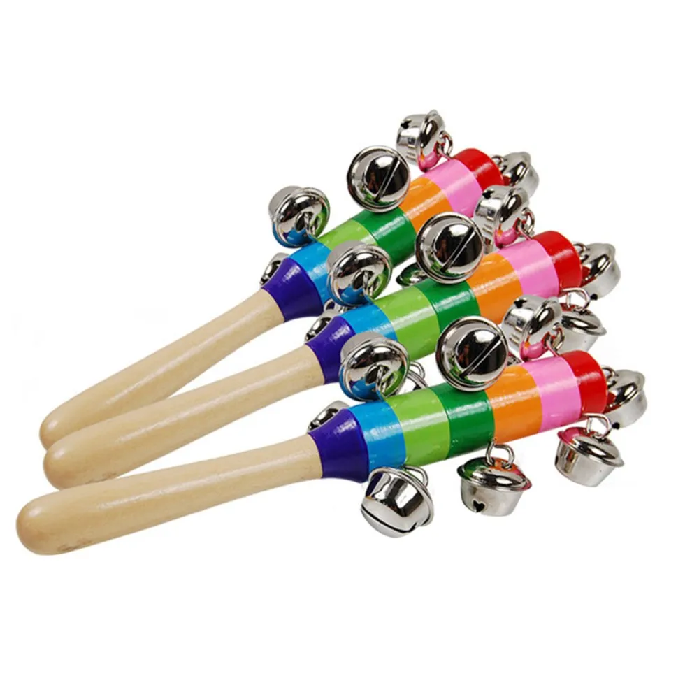 1 Stück Holzstab 10 Jingle Bells Regenbogen Hand schütteln Bell Rasseln Baby Kinder Kinder pädagogisches Spielzeug - zufällige Lieferung