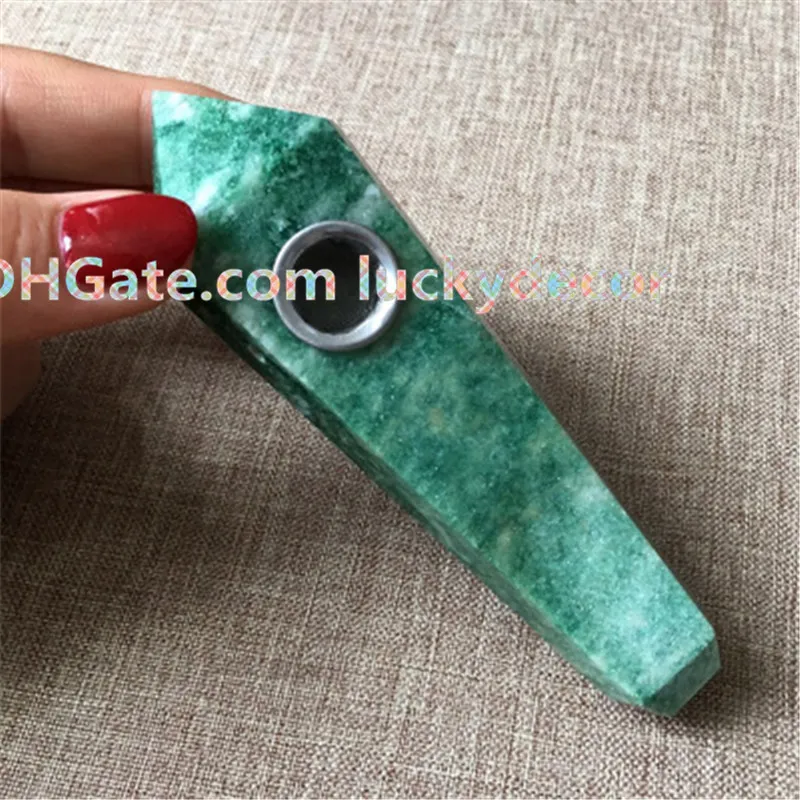 Pipes à fumer en cristal de quartz de jade en pierre naturelle précieuse + filtre en métal sculpté baguettes de tabac en pierres précieuses vertes avec trou de carburateur pour fumer