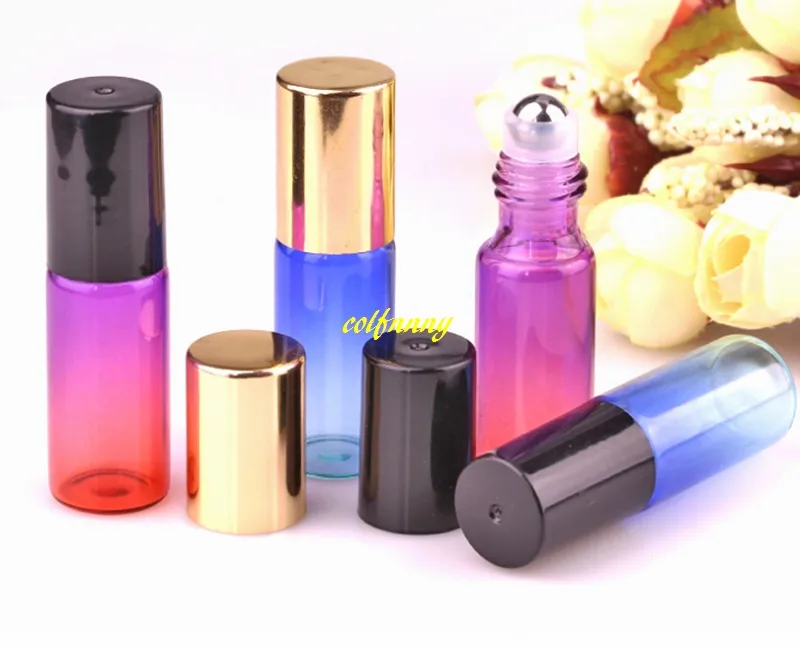 200pcs/lot 5ml rainbow Glass Roll on Bottle with Stainless Steel Roller Small Essential Oil Roller-on Sample Bottle