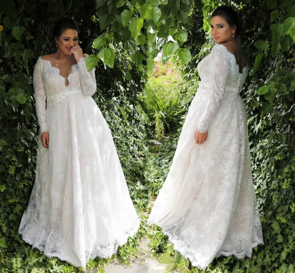 Jardin a-ligne Empire taille dentelle robes de mariée à manches longues Sexy longues robes de mariée pour grande taille robes de mariée HY391