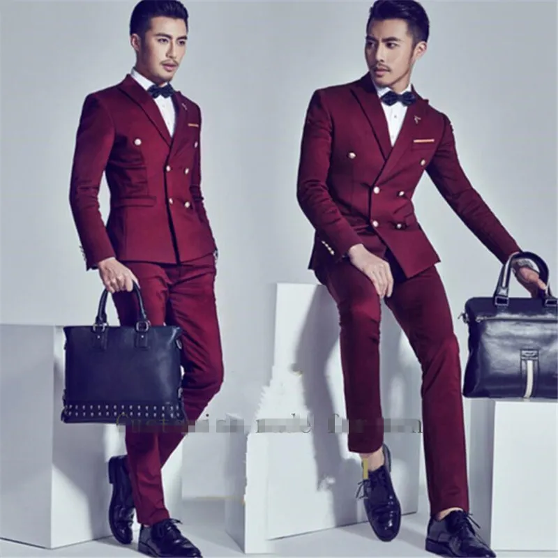 Wino Red Men Suit Double Breasted Custome Homme 2 sztuki (kurtka + spodnie + muszka) Prom Slim Fit Blazer Garnitury dla mężczyzn