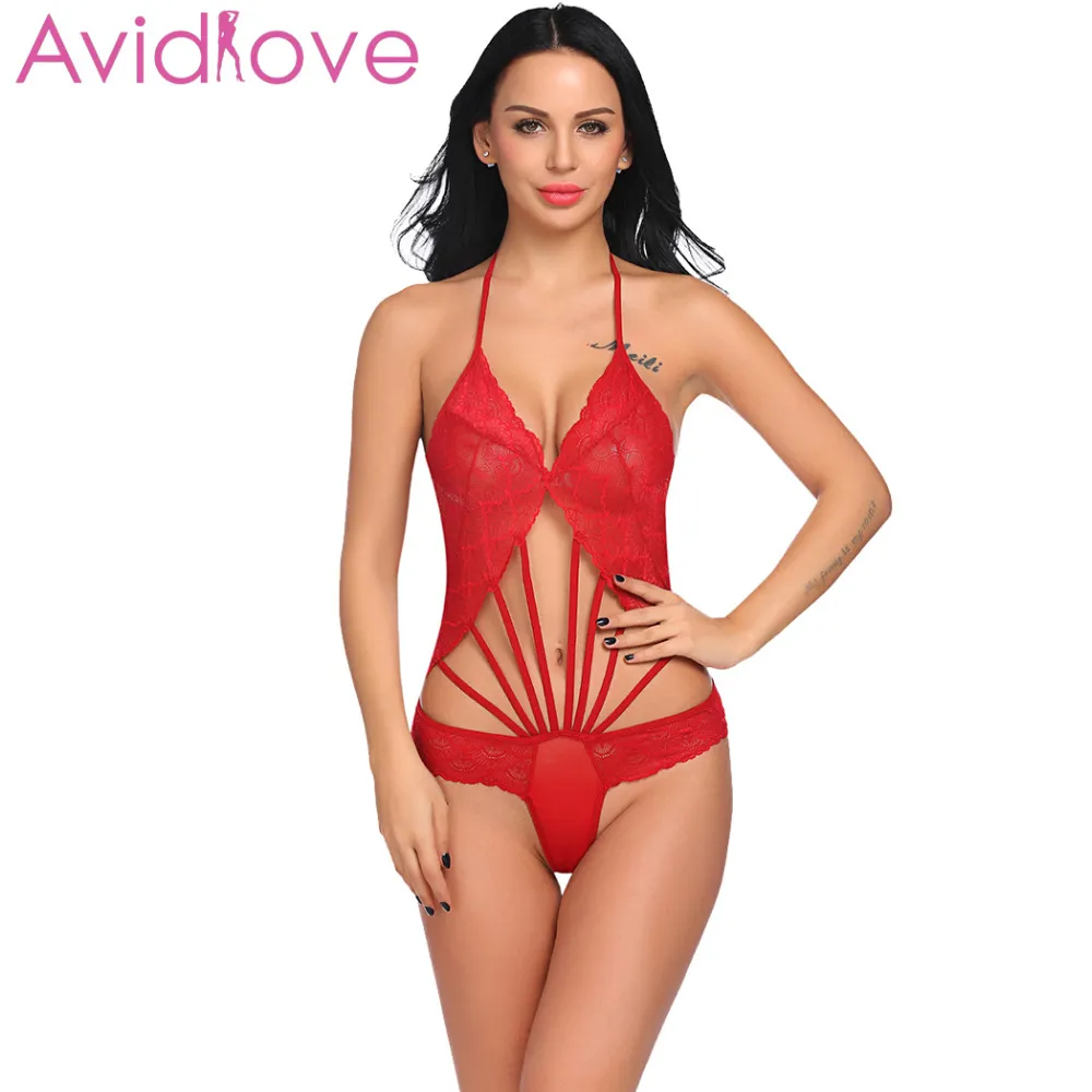 Avidlove Women Deep V Halter Lingerie Teddy One Piece Bodysuit Lace Babydoll