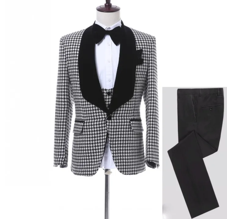 Anpassa Houndstooth Groom Tuxedos Shawl Lapel One Button Side Vent Män Bröllop Blazer Men Prom Dinner Business Suit (Jacka + Byxor + Tie + Vest)