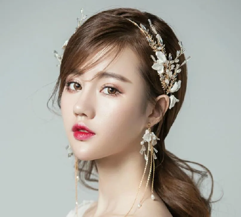 Bridal jewelry handmade beaded flowers gold tiara headband set wedding accessories crown Korean hair accessories