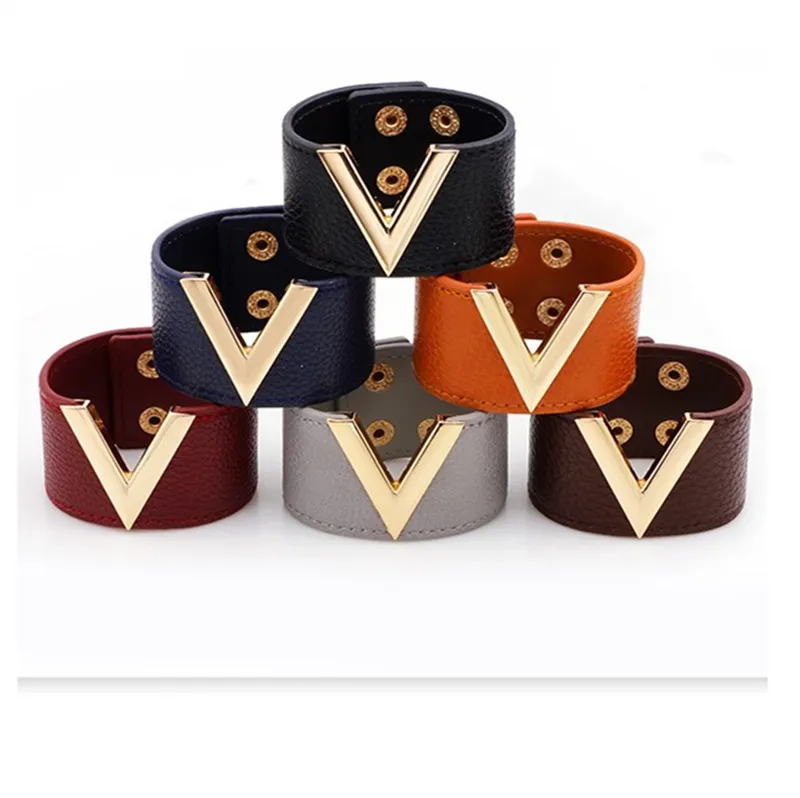 Women's Leather V-shaped Bracelet wild wide leather Bangle fashion Europe and America leather bracelet popular jewelry Charm Bracelets