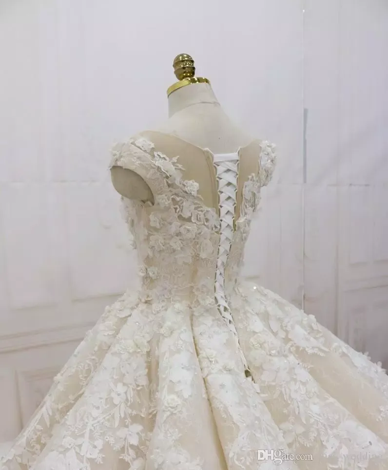 Luxury Train Ball Gown Wedding Dresses Lacel Appliques Plus Size Sheer Jewel Bridal Gowns Princess Ivory Bride Wedding Gowns robe de mariée