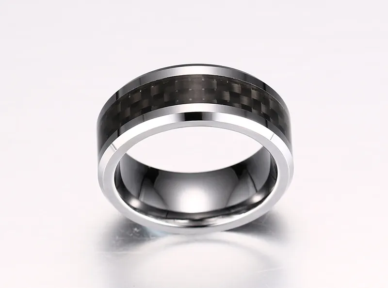 8mm Tungsten Çelik Düğün Band Womens Siyah Karbon Fiber Inlay Ücretsiz Gravür ile Tungsten Yüzük