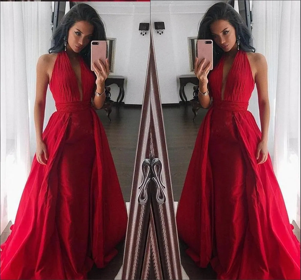 Red Halter Top V-Neck Sukienki Evening Wear Pleats Wielowarstwowa Spódnica 2019 Backless Eleganckie Formalne Suknie Plus Size Pageant Dress Girl Party Dress