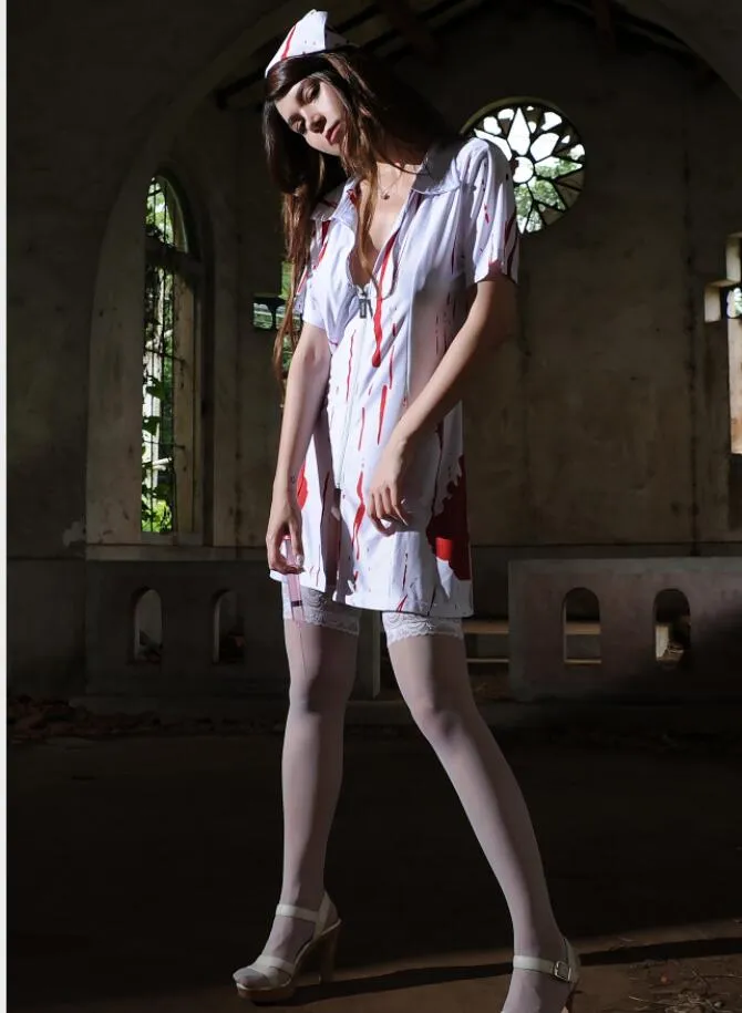 cosplay ghost bride white uniform halloween scary bloody nurse costume horrory doctor cloak dress sexy women cape cloaks