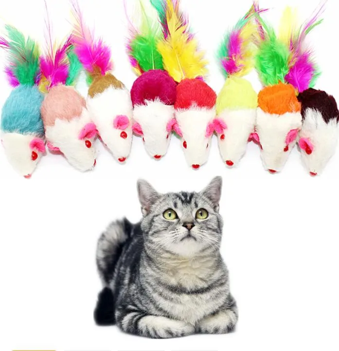 Image showcasing Colorful Fleece Mouse Cat Toys with Feathers - Soft Plush Kitten Toys ...