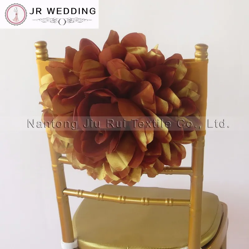 50 PCS Gold Taffeta Chiavri Flower Chair Sash Elastic Chair Band for Wedding Decoration