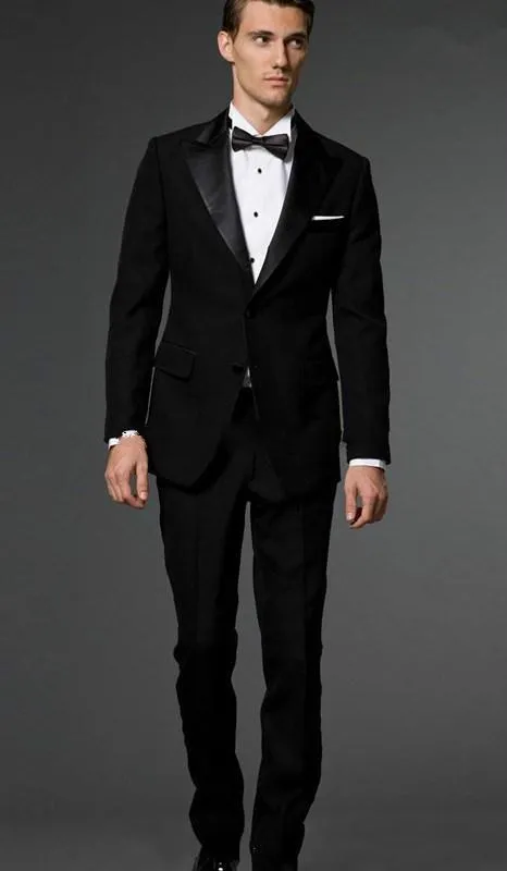 New Arrival Slim Fit Black Groom Tuxedos Peaked Lapel One Button Groomsmen Mężczyźni Garnitury Formalne Business Prom Garnitur Kurtka + Spodnie + Łuki krawat NO: 75