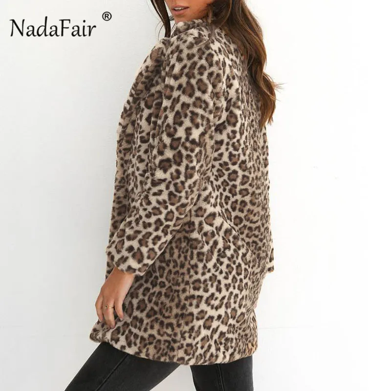 Nadafair 2018 fashion leopard print faux fur long coat women winter thick warm soft plush jacket coats female vintage outerwear