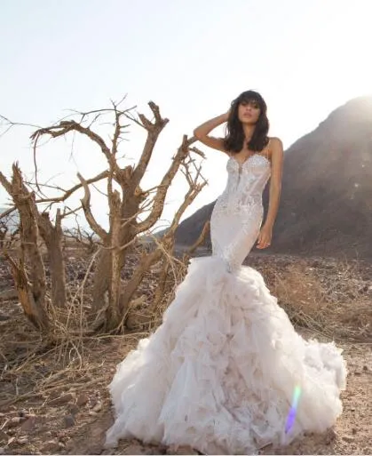 Pnina Tornai robes de mariée sirène Spaghetti dos nu dentelle robes de mariée avec perles balayage Train grande taille robe de mariée de plage