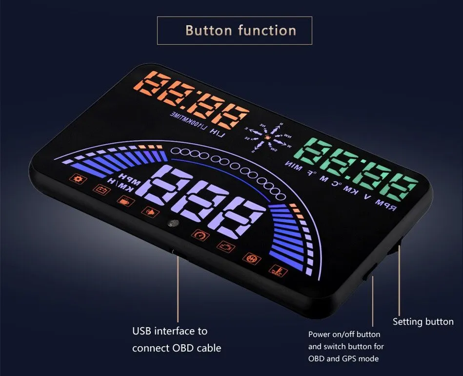 5.8 Inches Car OBD GPS HUD Head Up Display for Safe Driving with MPH KM/h Compass Fuel Consumption Battery Voltage Water Temp