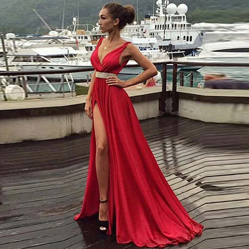 High neck red deals prom dress