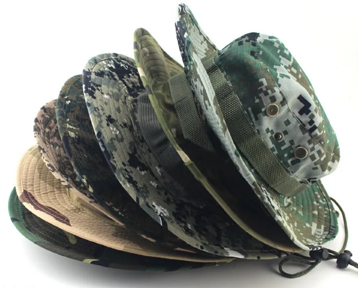 Cappello del secchio di cotone gli uomini Fashion Military Camouflage Cappelli del pescatore del pescatore con il cappello della secchiella del secchiello del pescatore del nero largo Cappello da caccia del campeggio