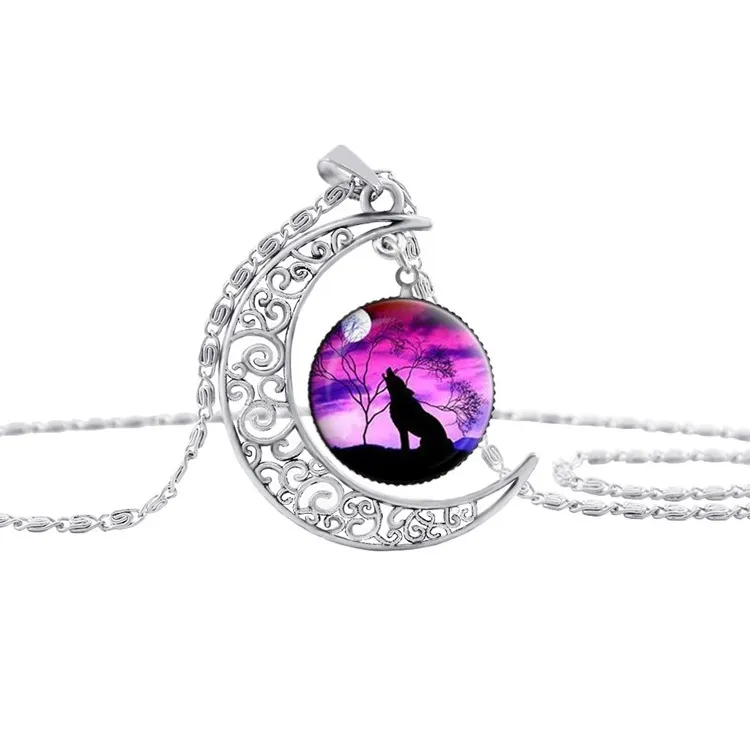Totem Wolf Glass Cabochon Moon Necklace Chains Silver Animal Models Fashion Jewelry for Women Children Gifts