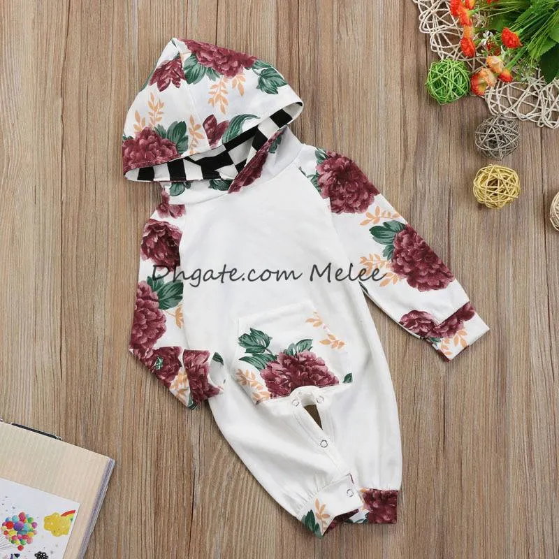 ins printemps enfants floral pleine impression barboteuses à capuchon infantile coton fleur impression Combinaisons nouveau-né bébé barboteuse 0-2ans navire gratuit