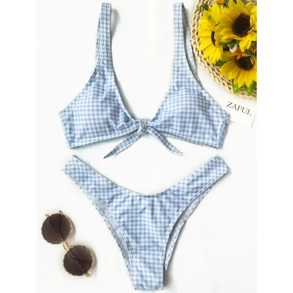 Kobiety Thong Plaid Front Krawat Bikini Zestaw Sprawdzone Zanurzanie Neck Swimsuit Seksowny Summer Beach Stroje Kąpielowe Kostium kąpielowy Biquini