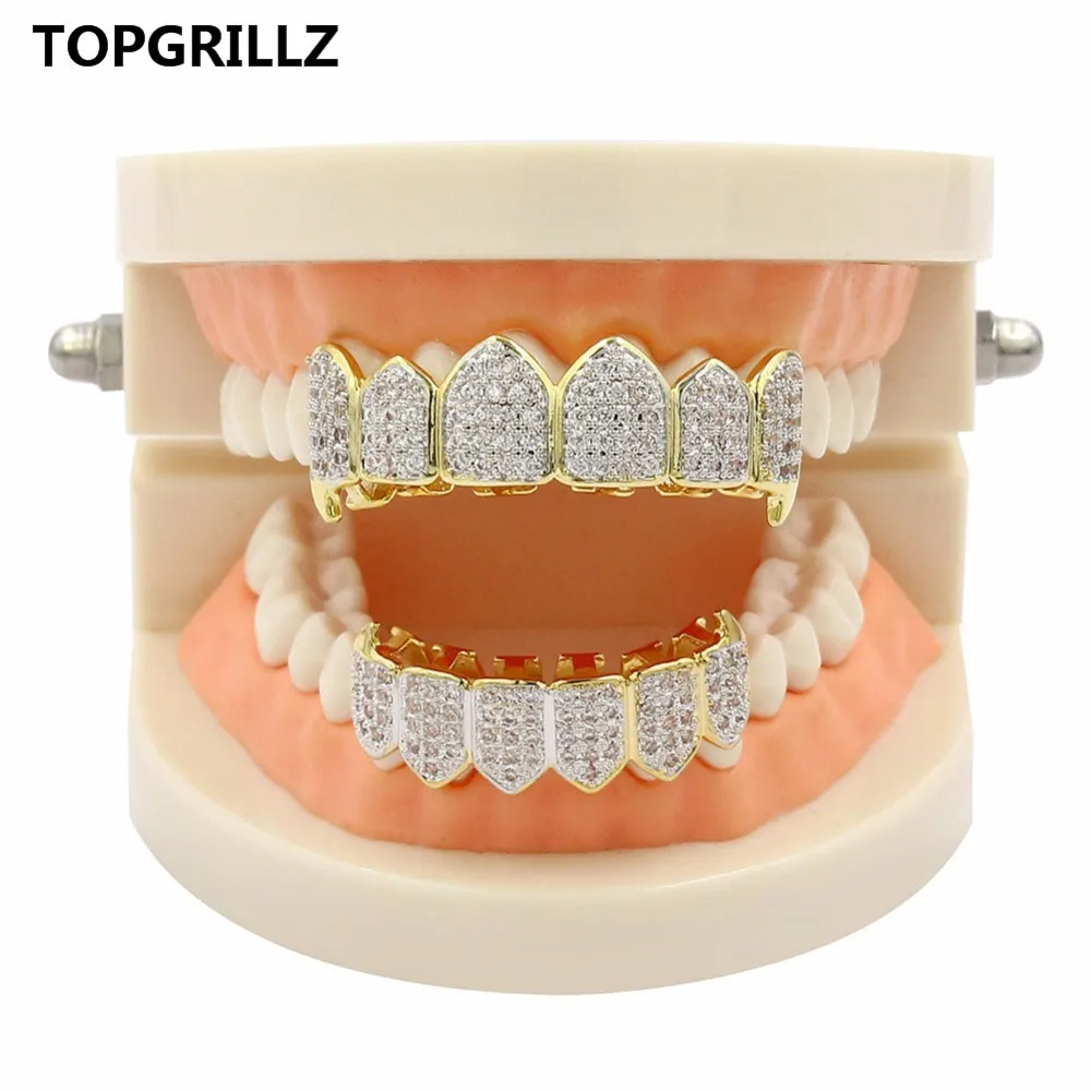 TOPGRILLZ Hip Hop GRILLZ Iced Out Zircon Fang Boca Dentes Grillz Caps Top Bottom Grill Set Homens Mulheres Vampiro Grills290C