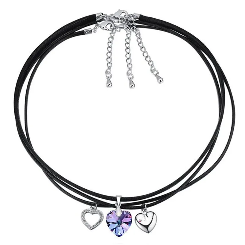 Fashion Jewelry Necklaces Pendants Vintage Heart Crystal from Swarovski Elements High Quality 3 Necklace Chain Black Rope 24836
