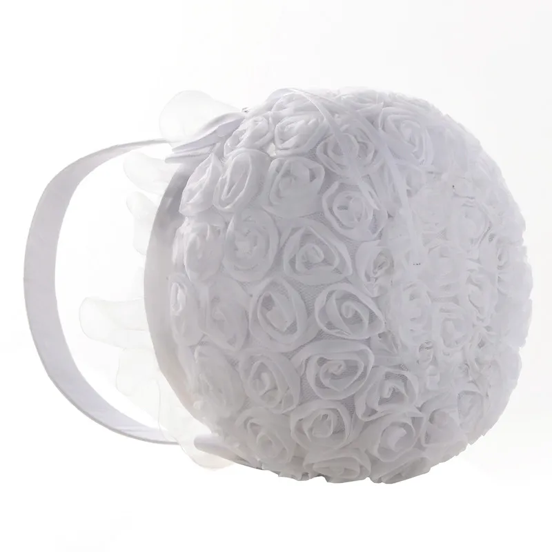 White Rose Flower Girl Basket Elegant Satin Bow knot Round Wedding Favors Decoration