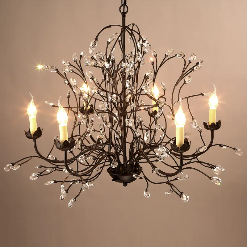 Vintage Crystal Chandelier Lighting Iron Edison Pendant Light 8 heads black chandeliers home decor American village style