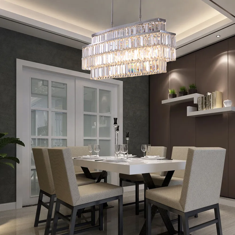 Modern kristall ljuskrona lampa rektangel ljuskronor belysningsarmaturer lyxigt LED hängsmycke ljus för matsal Livingroom