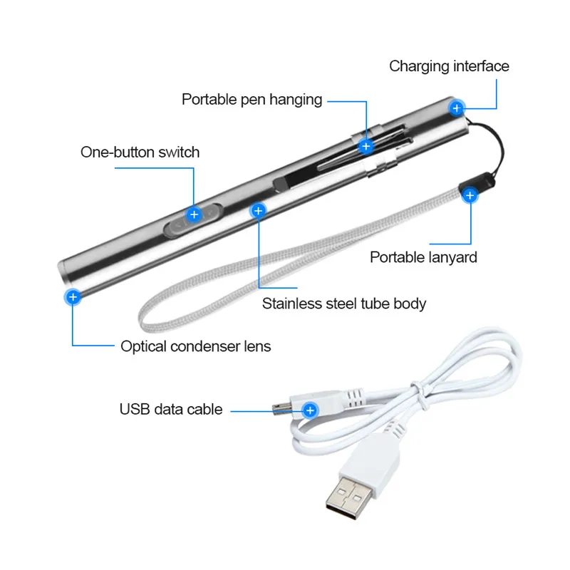 Kall vit varm vit usb uppladdningsbar ficklampa mini aluminium legering led lampor penna medicinska fackla runda måne formade ljus