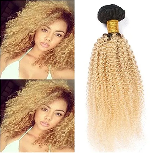 Kinky Curly # 1B / 613 Blonde Ombre Vierge Brésilienne Cheveux Weave Bundles Deux Tons Ombre Blonde Extensions de Cheveux Humains Afro Kinky Curly