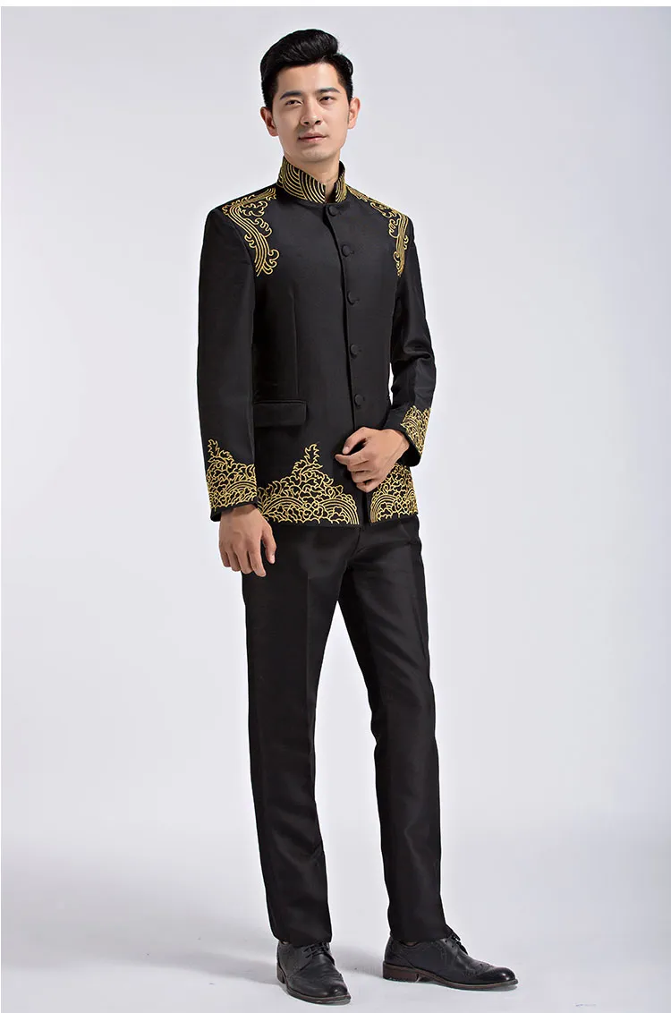 Chinese style embroidered suit male Tang suit costume professional formal Show host dress traditional Chinese tunic men's tracksuits